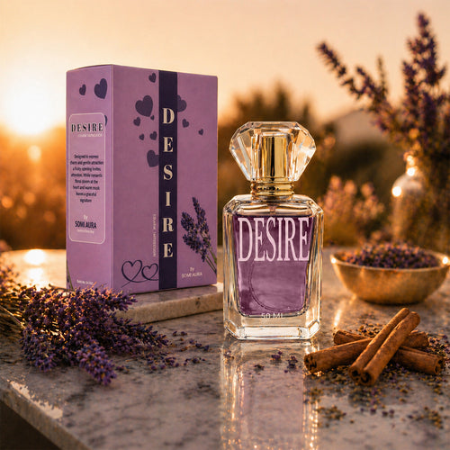 DESIRE bottle close-up — coffee, vanilla, patchouli — SOMI AURA