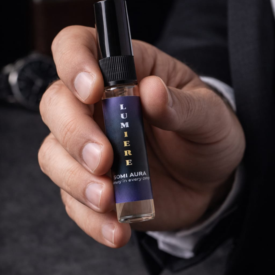 LUMIÈRE fragrance bottle detail — rose, mandarin, sweet pear — SOMI AURA