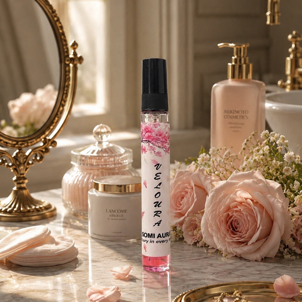 VELOURA fragrance bottle detail — coffee, jasmine, vanilla — SOMI AURA