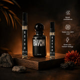 RÀVON fragrance bottle detail — coffee, pink pepper, cedarwood — SOMI AURA