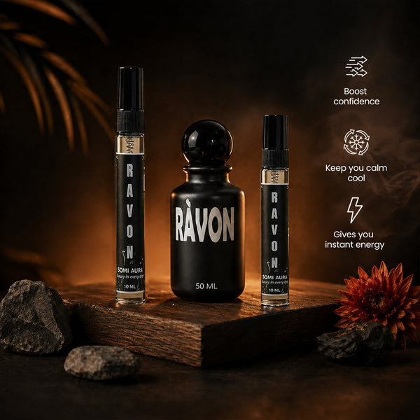 RÀVON fragrance bottle detail — coffee, pink pepper, cedarwood — SOMI AURA