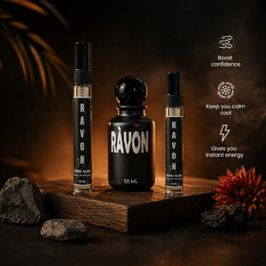 RÀVON fragrance bottle detail — coffee, pink pepper, cedarwood — SOMI AURA