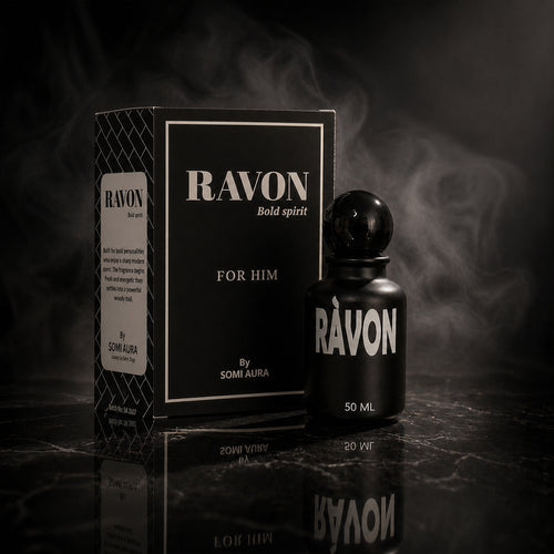 RÀVON luxury packaging — coffee, pink pepper, cedarwood — SOMI AURA