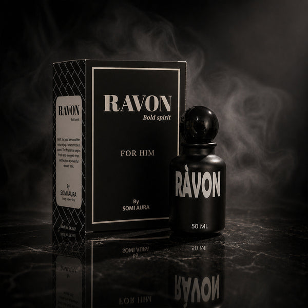 RÀVON luxury packaging — coffee, pink pepper, cedarwood — SOMI AURA