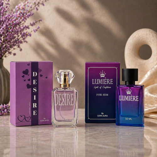 The Signature Set fragrance bottle detail — DESIRE, RÀVON and WHITE TIGER set — SOMI AURA