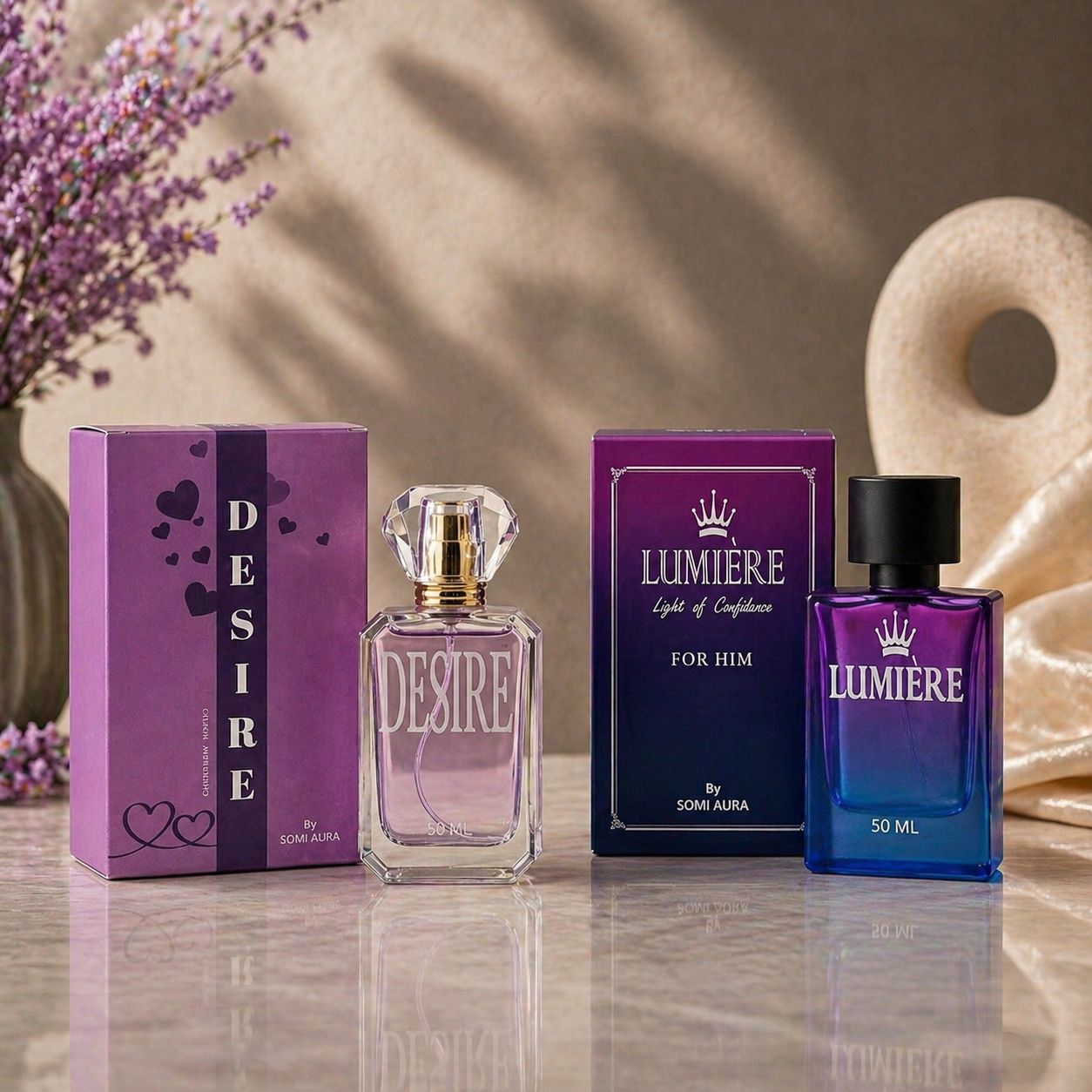 The Signature Set fragrance bottle detail — DESIRE, RÀVON and WHITE TIGER set — SOMI AURA