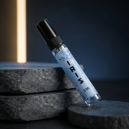 IRIS bottle close-up — iris, violet leaf, grapefruit — SOMI AURA
