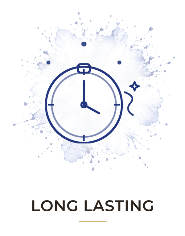 Gold clock illustration with 'LONG LASTING' text on a white background