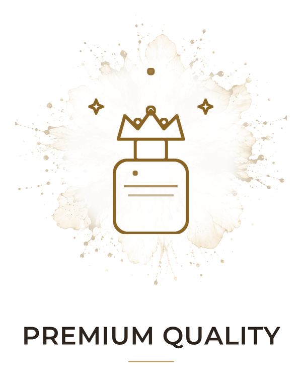 Gold line drawing of a perfume bottle with a crown on a white background, featuring the text 'PREMIUM QUALITY'.