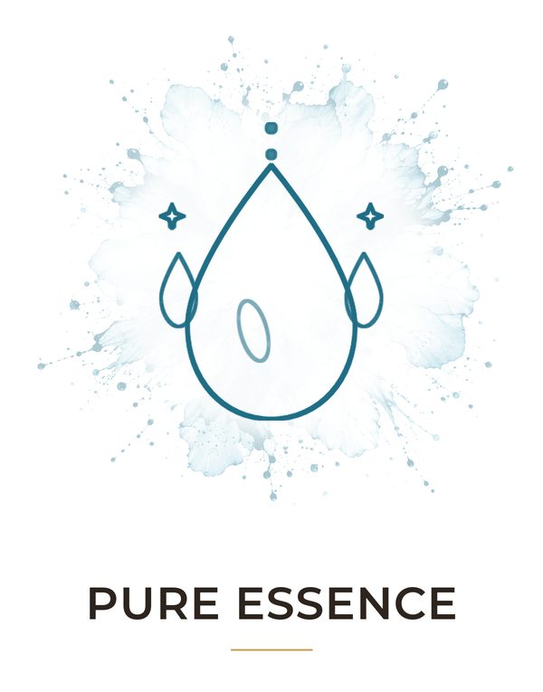 Gold droplet design with 'PURE ESSENCE' text on a white background