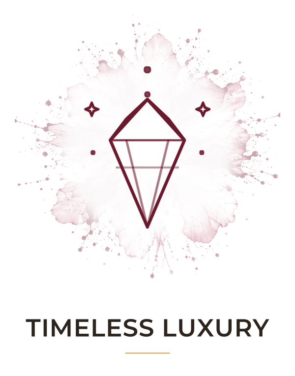 Gold geometric design with 'Timeless Luxury' text on a white background