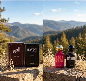 The Heritage Pair luxury oil perfume detail — AL-HARAM and VELOURA combo — SOMI AURA