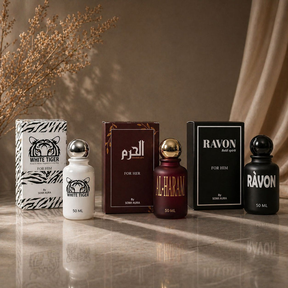 The Heritage Pair fragrance bottle detail — AL-HARAM and VELOURA combo — SOMI AURA