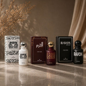 The Heritage Pair fragrance bottle detail — AL-HARAM and VELOURA combo — SOMI AURA