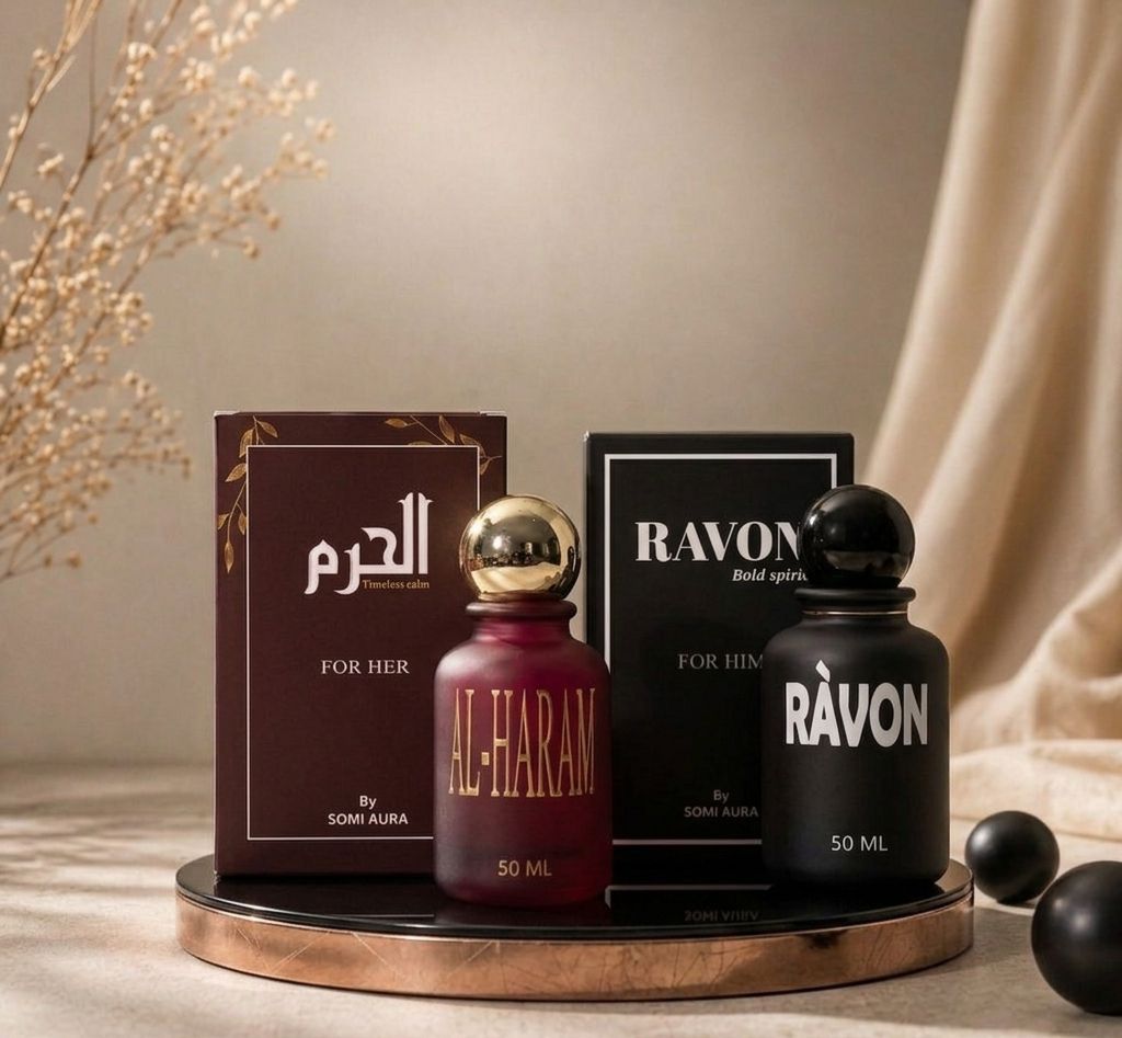 The Heritage Pair luxury oil perfume packaging — AL-HARAM and VELOURA combo — SOMI AURA