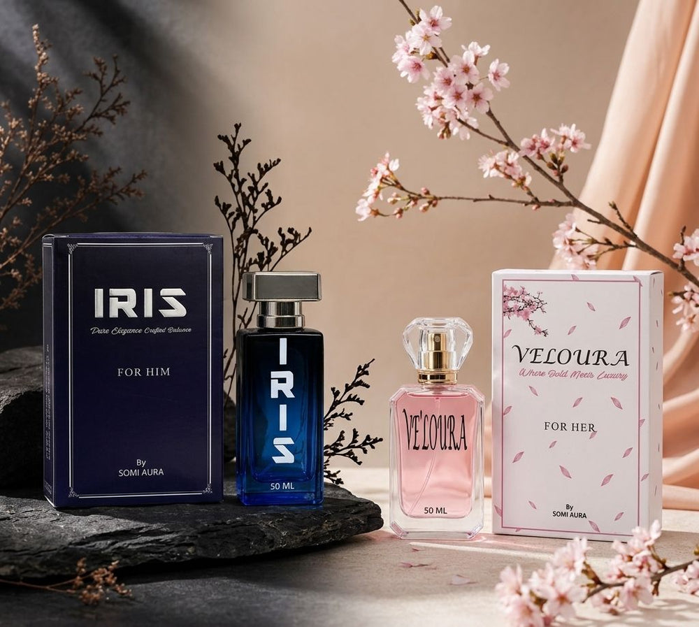 The Soft Power Duo fragrance bottle detail — LUMIÈRE and IRIS duo — SOMI AURA
