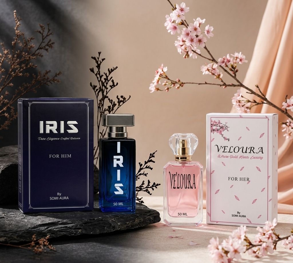 The Soft Power Duo fragrance bottle detail — LUMIÈRE and IRIS duo — SOMI AURA