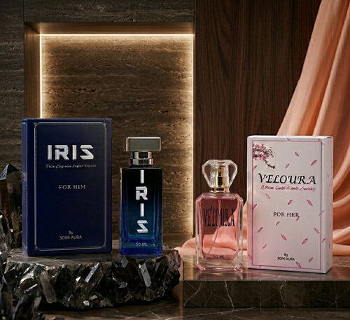 The Soft Power Duo luxury oil perfume packaging — LUMIÈRE and IRIS duo — SOMI AURA