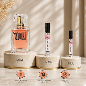 VELOURA fragrance bottle detail — coffee, jasmine, vanilla — SOMI AURA