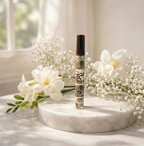 WHITE TIGER luxury oil perfume detail — bergamot, rose, sandalwood — SOMI AURA